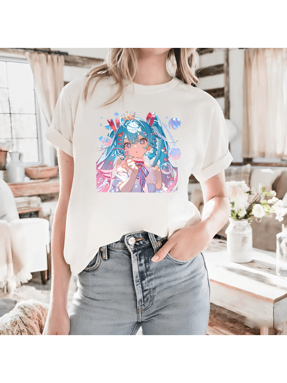 A Hatsune Miku Colorful Clouds A Cute Kawaii Vocaloid Graphic Unisex T-shirt, for men & women, up to size 5XL