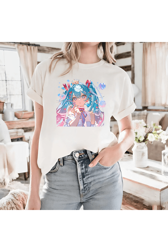 A Hatsune Miku Colorful Clouds A Cute Kawaii Vocaloid Graphic Unisex T-shirt, for men & women, up to size 5XL
