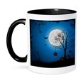thumbnail image 1 of A Haunted Halloween Tree Against A Full Moon With Bats And Hanging Pumpkins. , 15oz Two-Tone Black Mug, 1 of 7