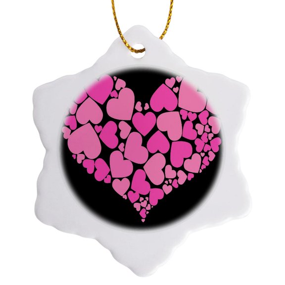 3drose, a Heart Full of Girly Pink Hearts on Black Background, 3 inch Snowflake Porcelain Ornament