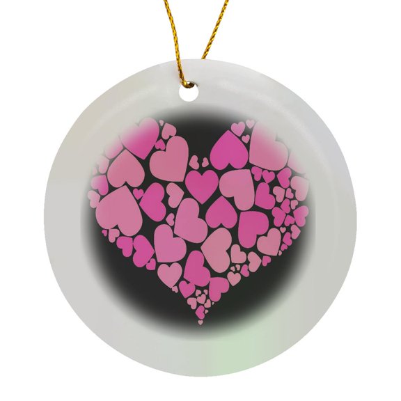 3drose, a Heart Full of Girly Pink Hearts on Black Background, Circle Porcelain Ornament