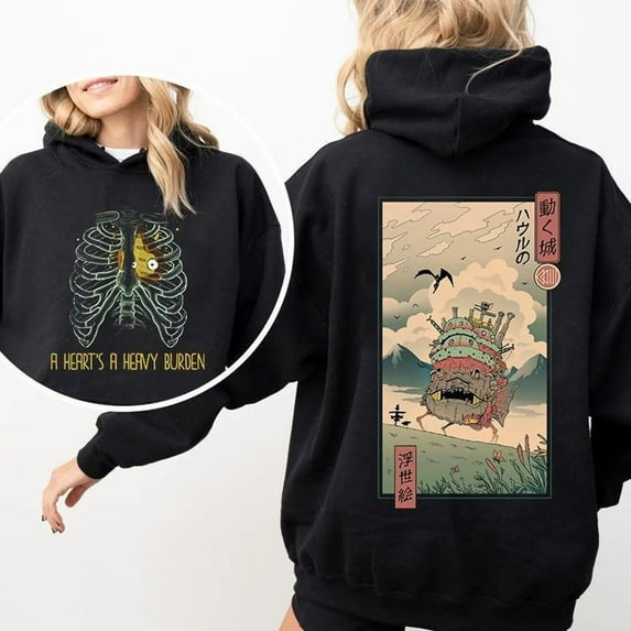 A Heart's A Heavy Burden 2 Sided Hoodie, Howls Moving Castle Tee, Navy Color, Size S