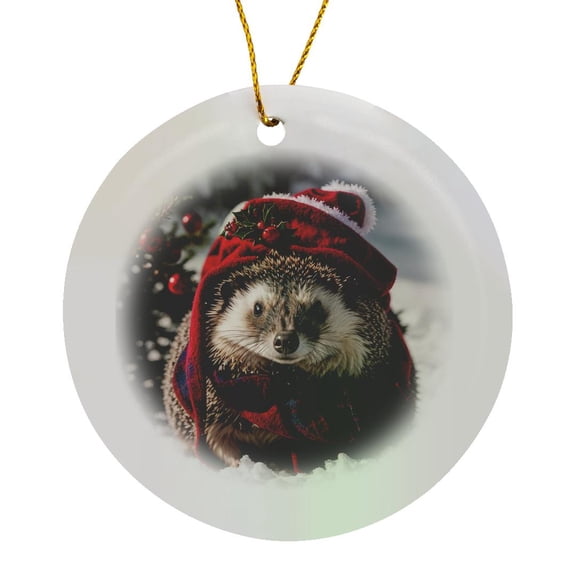 3drose, a Hedgehog Wearing a Santa Hat and Scarf, Circle Porcelain Ornament