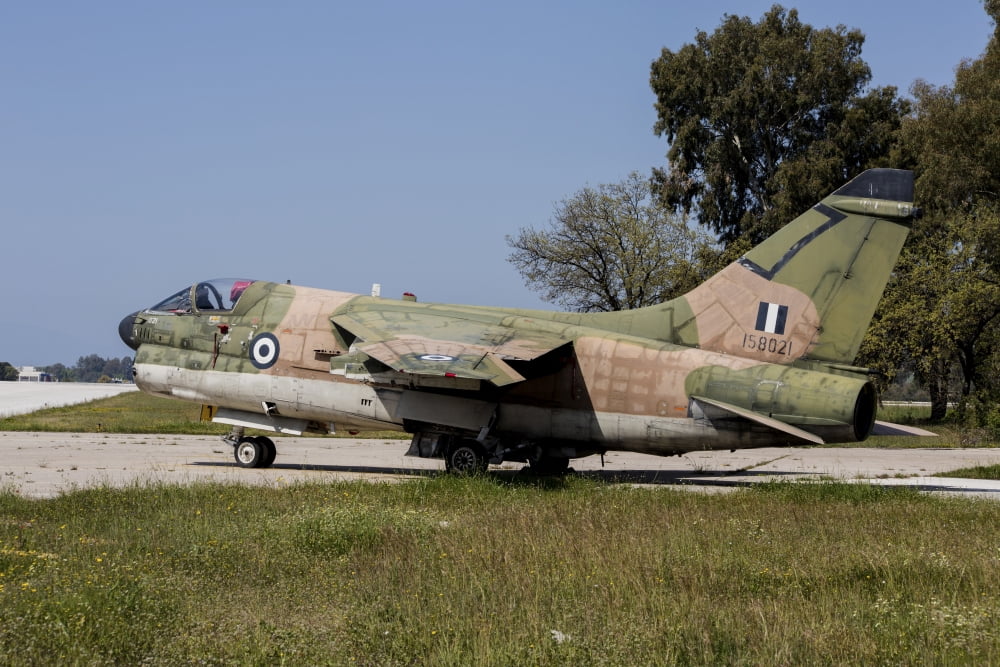 A Hellenic Air Force A-7E Corsair parked at Araxos Air Base Greece Canvas Art - Timm ZiegenthalerStocktrek Images (34 x 23)