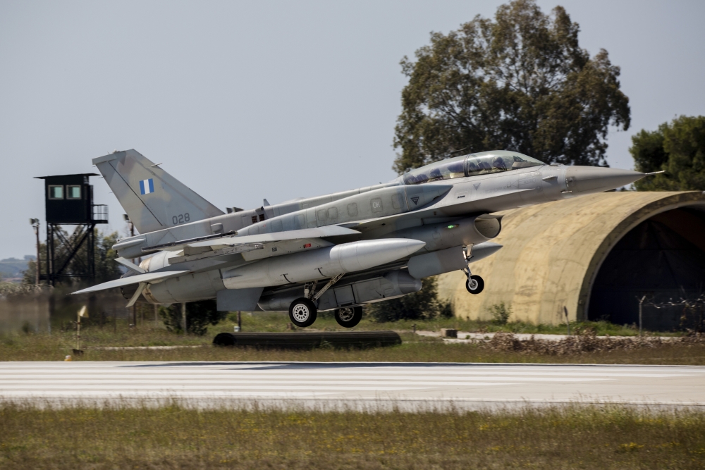 A Hellenic Air Force F-16D Block 52 with a DB-110 reconnaissance pod landing Canvas Art - Timm ZiegenthalerStocktrek Images (34 x 23)