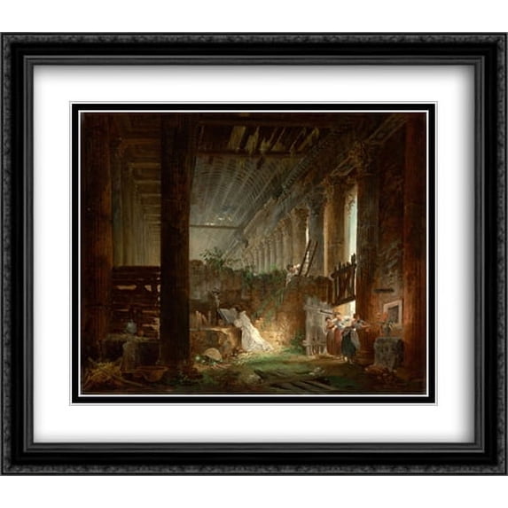 A Hermit Praying in the Ruins of a Roman Temple 2x Matted 32x28 Large Black Ornate Framed Art Print by Hubert Robert