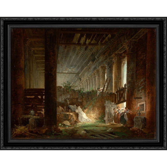 A Hermit Praying in the Ruins of a Roman Temple 34x28 Large Black Ornate Wood Framed Canvas Art by Hubert Robert