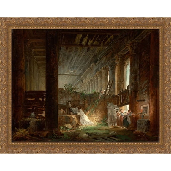 A Hermit Praying in the Ruins of a Roman Temple 34x28 Large Gold Ornate Wood Framed Canvas Art by Hubert Robert