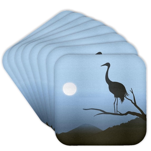 3drose, a Heron in Silhouette Against a Blue Background at Moonrise, Set of 8 Coasters - Soft