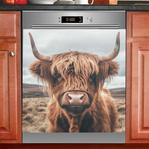 Ryvnso A Highland Cow Dishwasher Magnetic Refrigerator Magnet Cover Kitchen Art Panel Decal Sticker Home Decorative 23"x26"