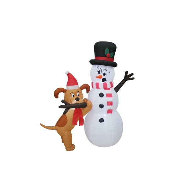 A Holiday Company 6ft Tall Animated Puppy and Snowman Scene, 5 ft Tall, Multi