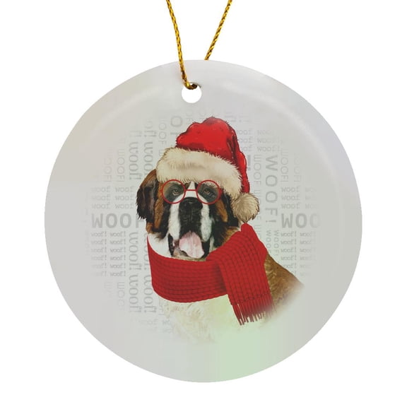 3drose, a Holiday Saint Bernard in Glasses Santa Hat and Scarf Christmas Dog, Circle Porcelain Ornament
