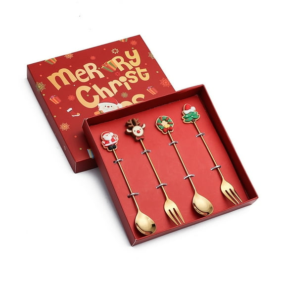 A Holiday Spoon And Fork Set With Resin Design Stainless Steel Tableware 4 Pieces Festive Dessert Utensils Christmas Theme
