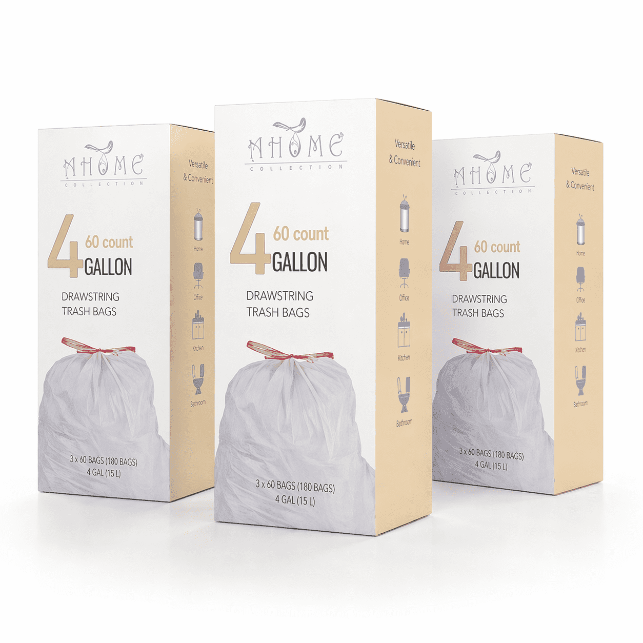 A*Homeist 4 Gallon Drawstring Trash Bag Car Garbage Bags Trash Can Liners 0.7 Mil Thick, White Unscented, 180 Count in 3 Packs
