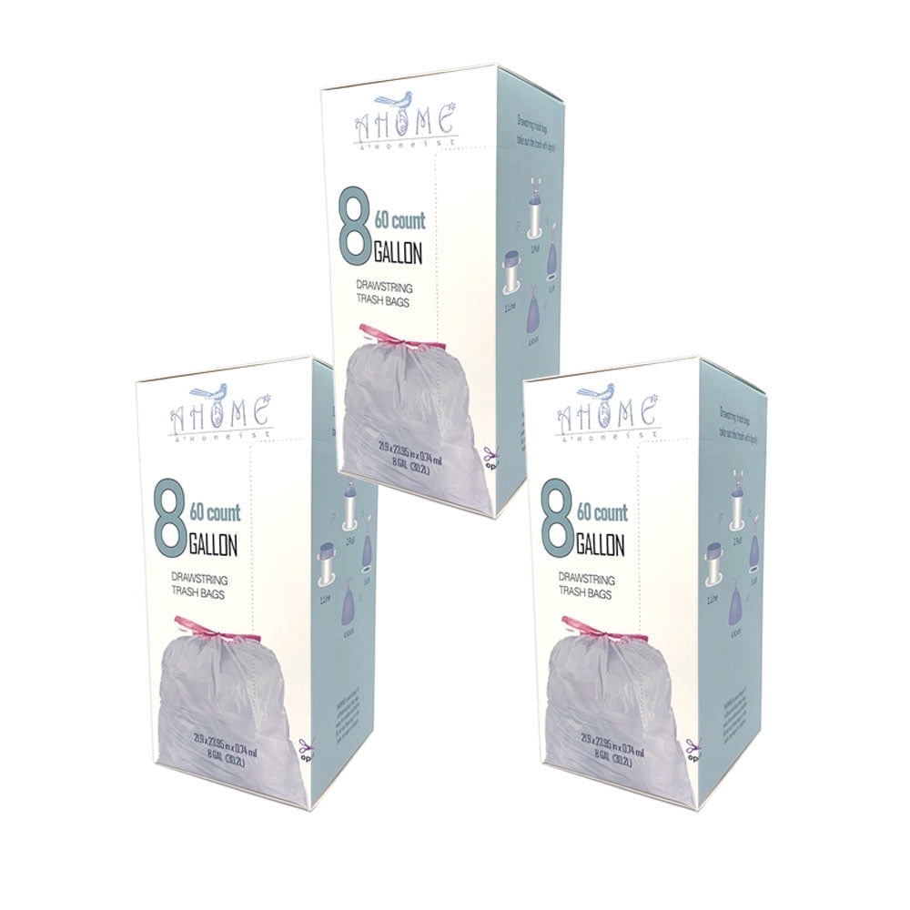 A*Homeist 8 Gallon Garbage Bags 22 x 24" 0.74mil Thick Drawstring, White, 180 Bags