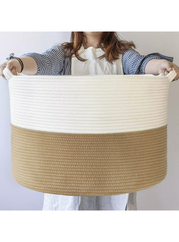 A*Homeist Extra Large Cotton Rope Basket 21.7"x 13.8" Blanket Basket Woven Baby Laundry Baskets Toys Storage Basket with Handle - White & Camel
