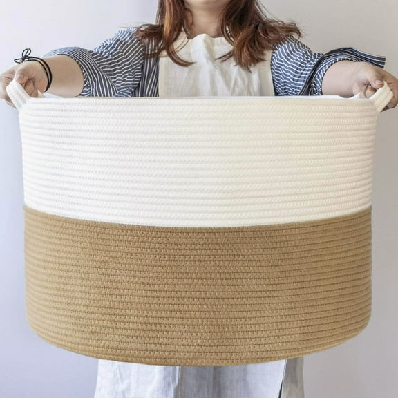 A*Homeist Extra Large Cotton Rope Basket 21.7"x 13.8" Blanket Basket Woven Baby Laundry Baskets Toys Storage Basket with Handle - White & Camel