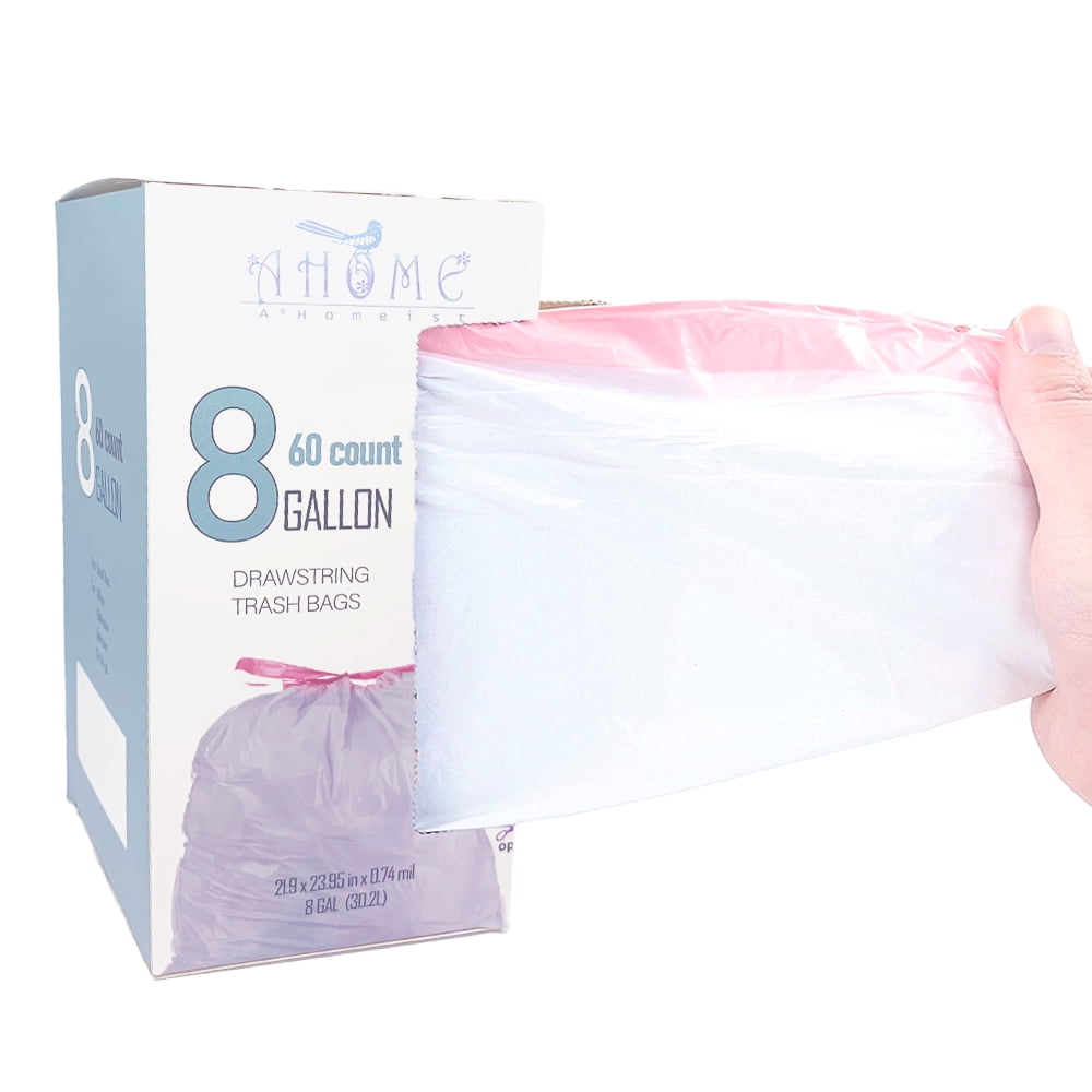 A*Homeist Ultra Strong Thick Trash Bags 8 Gallon Garbage Bags 22 x 24" Unscented Drawstring White, 60 Bags