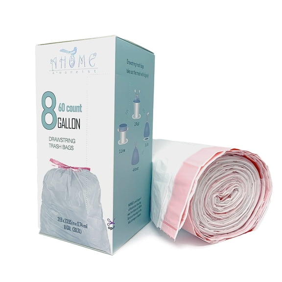 A*Homeist Ultra Strong Thick Trash Bags 8 Gallon Garbage Bags 22 x 24" Unscented Drawstring White, 60 Bags