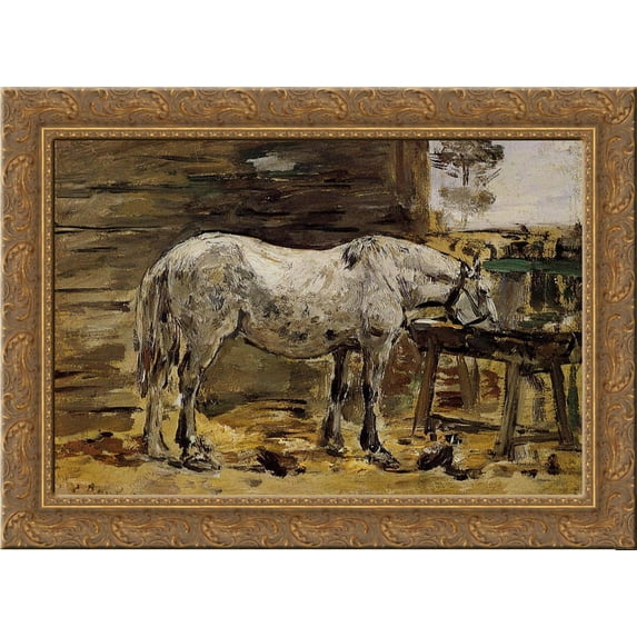 A Horse Drinking 24x18 Gold Ornate Wood Framed Canvas Art by Eugene Boudin