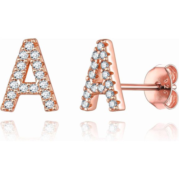 A Initial Earrings Hypoallergenic Rose Gold Plated Dainty Cubic Zirconia Alphabet A-Z Letter Stud Earrings for Women Sensitive Ears