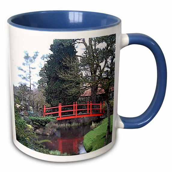 3drose, a Japanese Garden with a Red Bridge in Ireland Finished in Two Different Textures, 15oz Two-tone Blue Mug