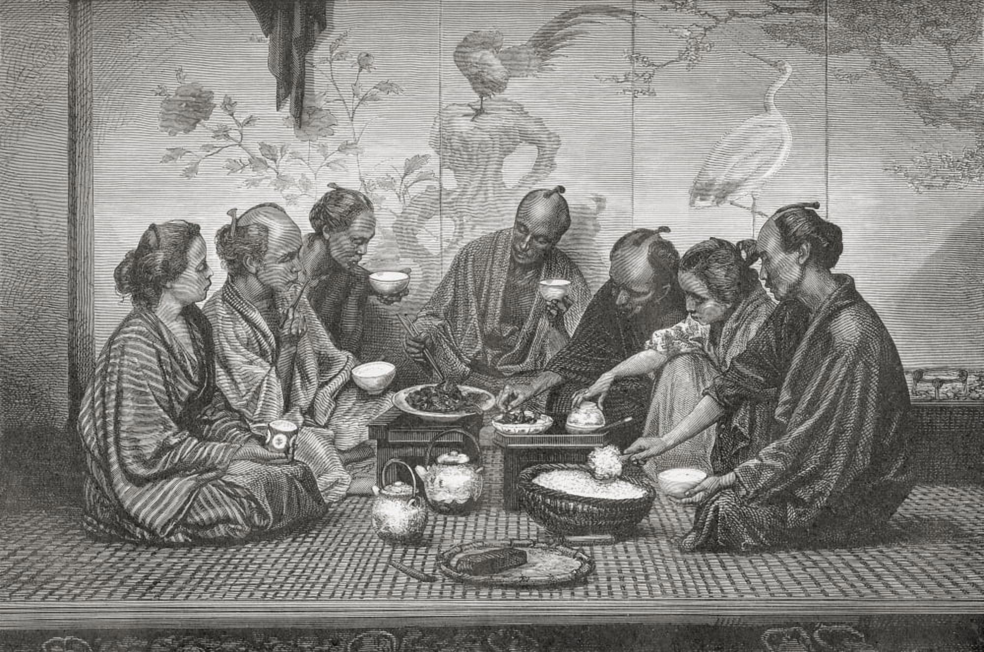 A Japanese Middle-Class Familys Mealtime In The 19Th Century From El Mundo En La Mano Published 1875 Canvas Art - Ken Welsh Design Pics (36 x 22)