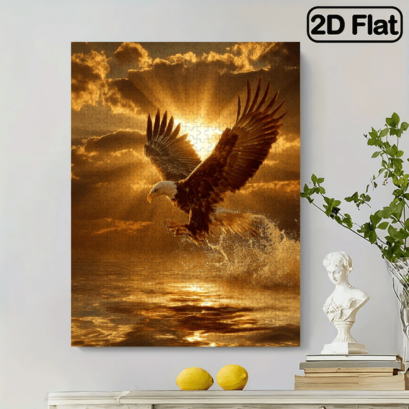 A Jigsaw Puzzle Featuring 500pcs of a Soaring Eagle Playing in Water Under Golden Sunlight, Perfect for Home Decor And Family Interaction. 20.4x15 in