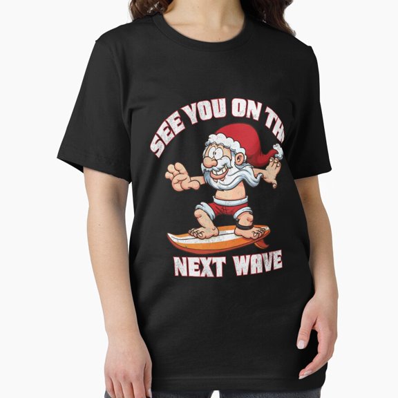 A Jolly Character's Christmas Themed Surf Edition Fun Unisex T-Shirt, up to Size 5XL