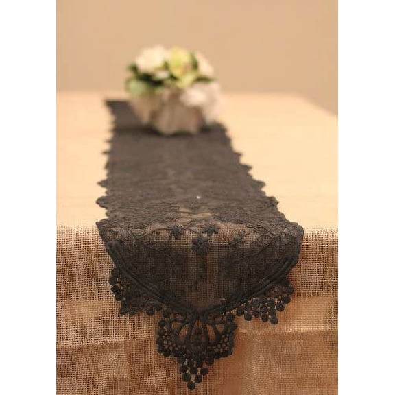 A.K. Trading Co. 12" x 74" inches Floral Pattern Cotton Lace Table Runner (Black)