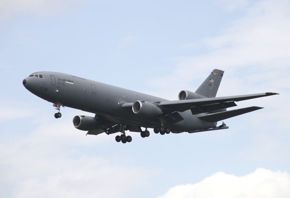 A KC-10 Extender tanker aircraft prepares for landing Canvas Art - Timm ZiegenthalerStocktrek Images (35 x 24)