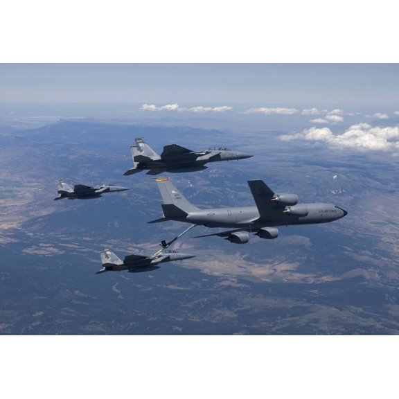 A KC-135R Stratotanker refuels three F-15 Eagles Canvas Art - HIGH-G ProductionsStocktrek Images (35 x 24)