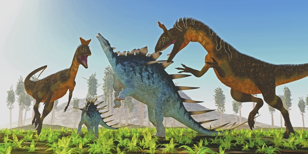 A Kentrosaurus rears up to defend her offspring from Cryolophosaurus dinosaurs Canvas Art - Corey FordStocktrek Images (40 x 20)