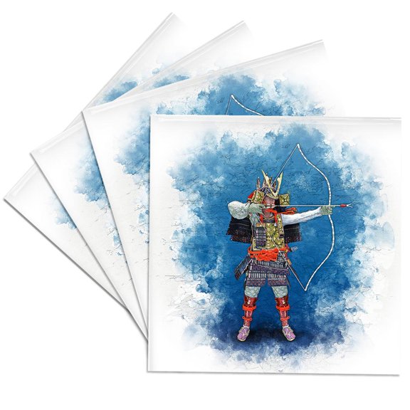 3drose, a Kibamusha Samurai Archer Drawing a Bow About to Fire an Arrow, Set of 4 Ceramic Tile Coasters