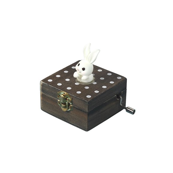 A Kids Wooden Music Box With Rotating Rabbit Figurine Fluorescent Light Cute Mini Melody Toy