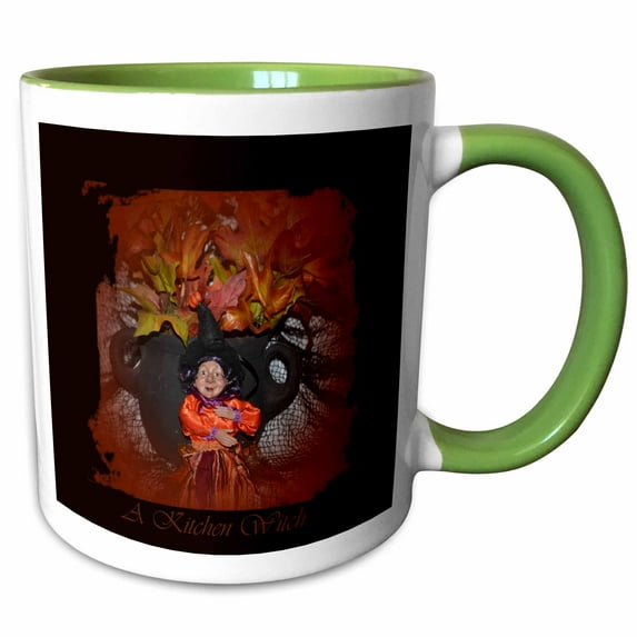 3drose, a Kitchen Witch Witch and Cauldron Picture, 11oz Two-tone Green Mug