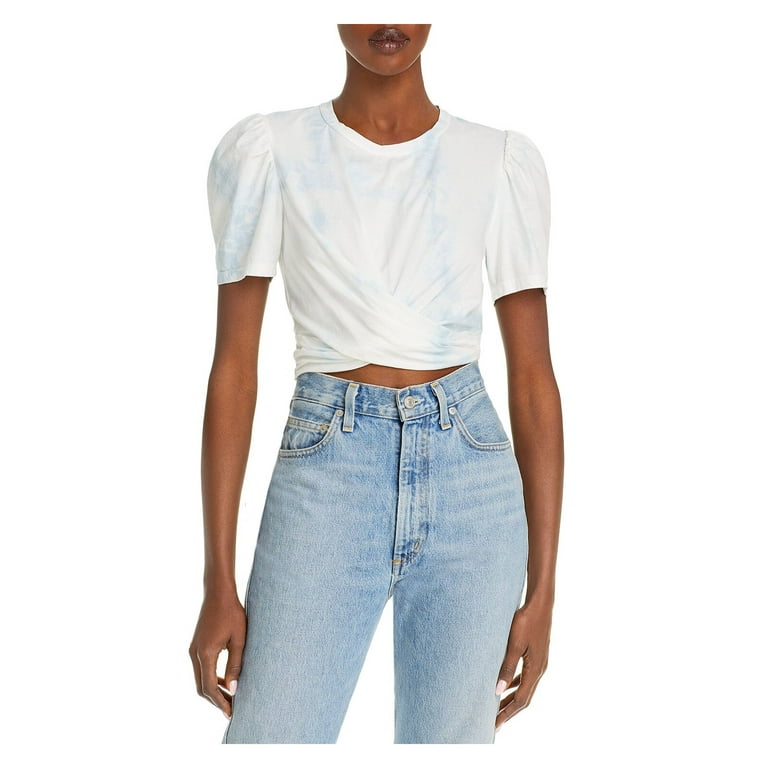 A.L.C. Womens Light Blue Pleated Ruched Twist Front Tie Dye Pouf Sleeve Crew Neck Crop Top L