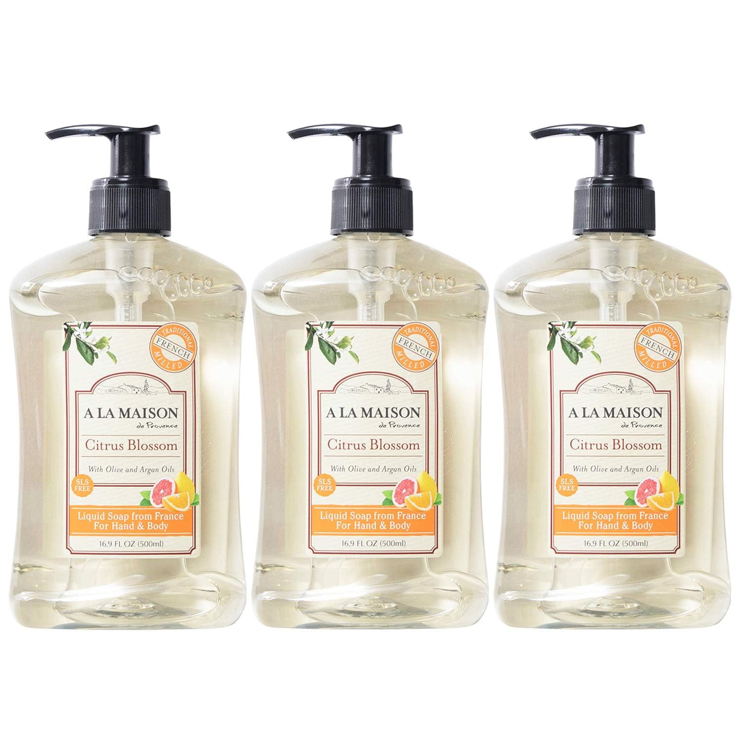 A LA MAISON Citrus Blossom Liquid Hand Soap - Triple French Milled Natural Moisturizing Soap (3 Pack, 16.9 oz Bottle)