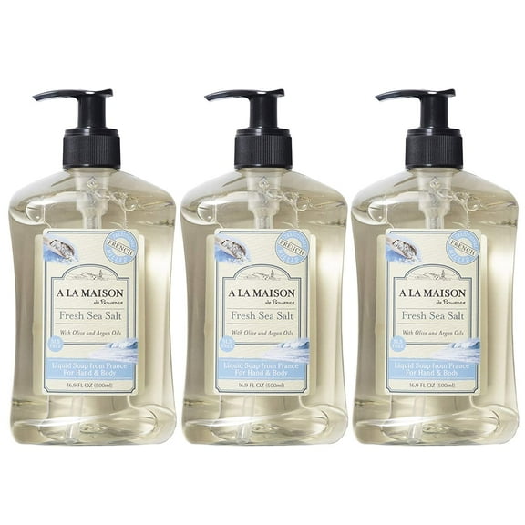 A LA MAISON Fresh Sea Salt Liquid Hand Soap - Triple French Milled Natural Moisturizing Soap (3 Pack, 16.9 oz Bottle)