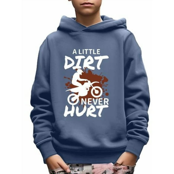 A LITTLE DIRT NEVER HURT Print Boy's Long Sleeve Pullover Tops Motorcycle Graphics Hoodie Comfy Casual Spring Fall Clothes