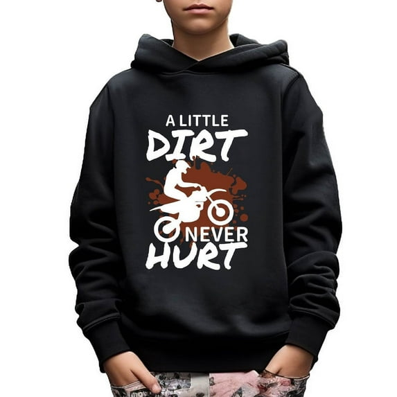 A LITTLE DIRT NEVER HURT Print Boy's Long Sleeve Pullover Tops Motorcycle Graphics Hoodie Comfy Casual Spring Fall Clothes