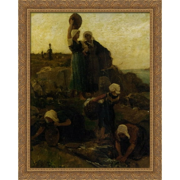 A La Fontaine Douarnenez 28x36 Large Gold Ornate Wood Framed Canvas Art by Jules Breton