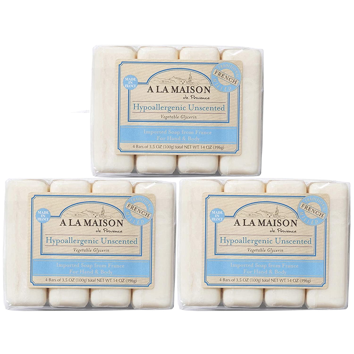 A La Maison de Provence Bar Soap, Hypoallergenic Unscented, 3.5 oz each (12 Bars Total)