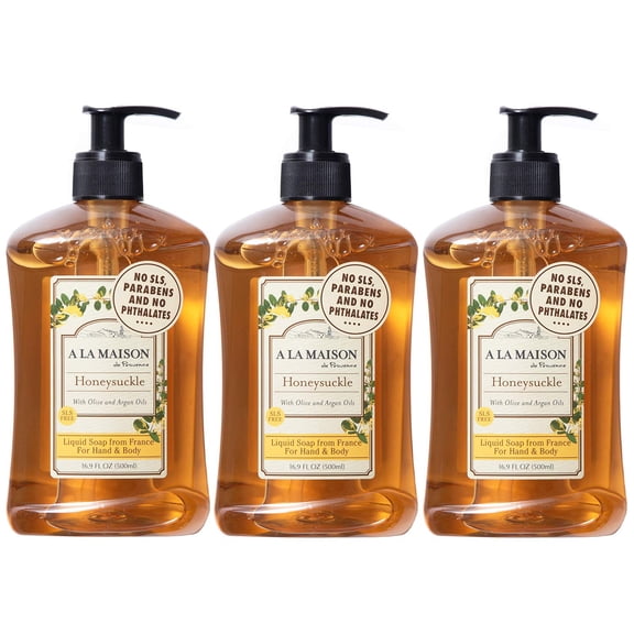 A La Maison de Provence Liquid Hand Soap | Honeysuckle Scent | French Milled Moisturizing Natural Hand Soap | in 16.9 oz. Pump Bottles | (3 Pack)