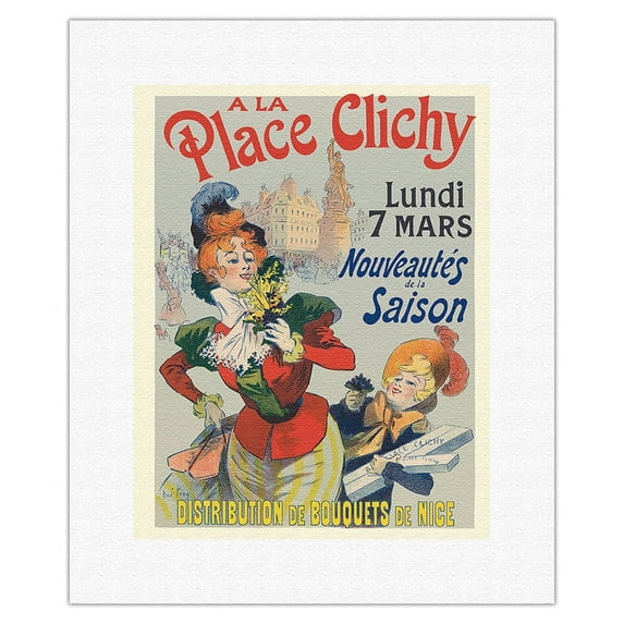 A La Place Clichy - Paris France - Nice Flower Bouquets Distribution - Vintage Advertising Poster by Rene Pean c.1890s - Fine Art Rolled Canvas Print 11in x 14in