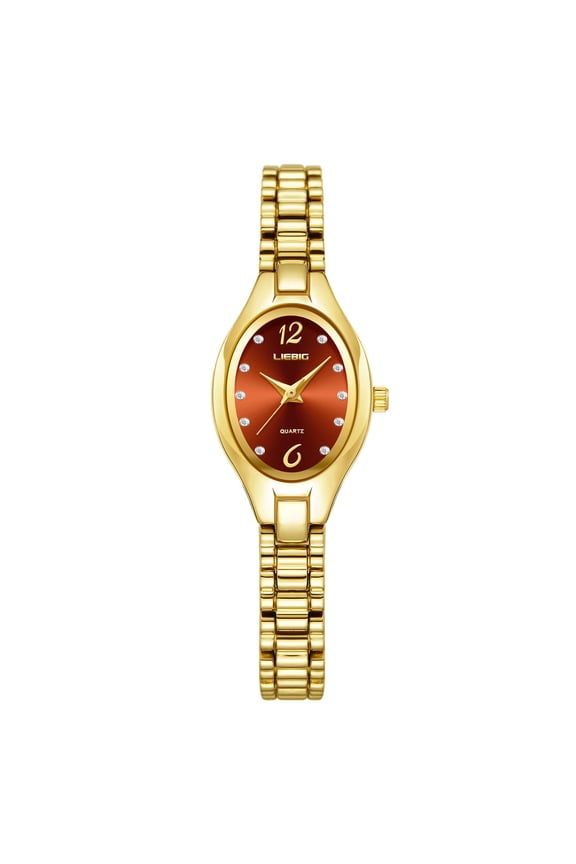 A Ladies Quartz Watch Small Face Water Resistant 30M Stainless Steel Strap Alloy Case Gold Red Dial Women Timepiece