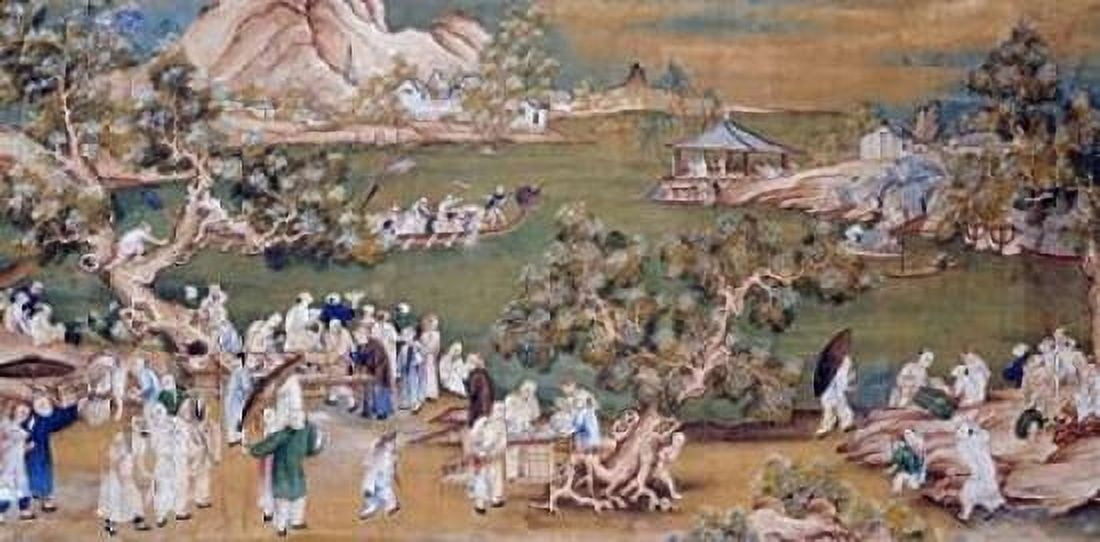 A Lake Scene With Figures Celebrating a Festival Canvas Art - Chinese School (10 x 20)