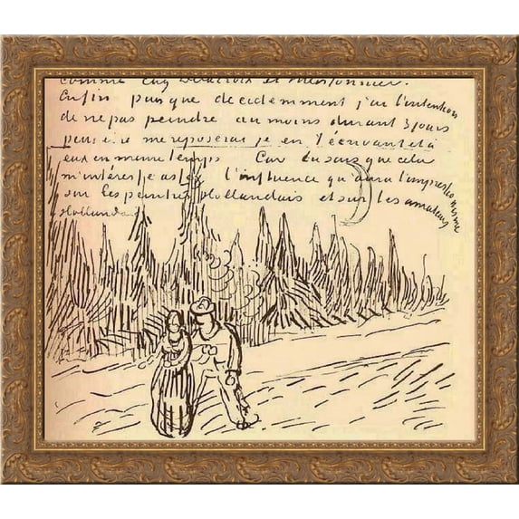 A Lane of Cypresses with a Couple Walking 24x20 Gold Ornate Wood Framed Canvas Art by Vincent van Gogh
