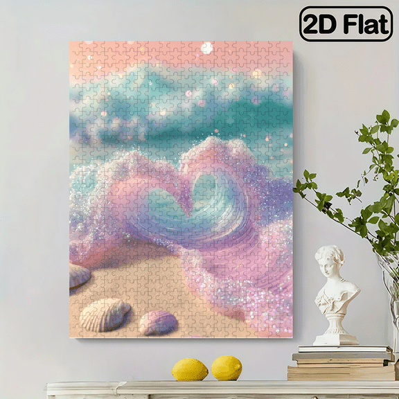 A Large 500pcs Puzzle Featuring Heart-Shaped Waves And Seashell Designs, Perfect for Home Decoration. This Creative Gift for Adults. 20.4x15 inch