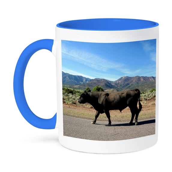 3dRose, A large Cow walking down the street in Pine Valley Utah, 11oz Two-Tone Blue Mug